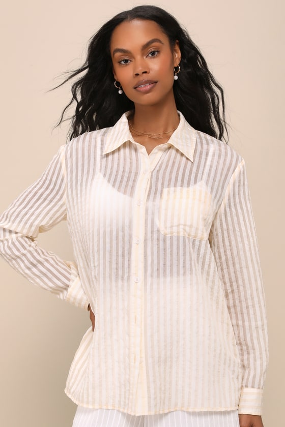 Shop Lulus Everyday Choice Ivory And Beige Striped Burnout Button-up Top