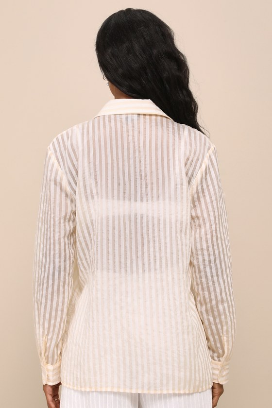 LULUS EVERYDAY CHOICE IVORY AND BEIGE STRIPED BURNOUT BUTTON-UP TOP