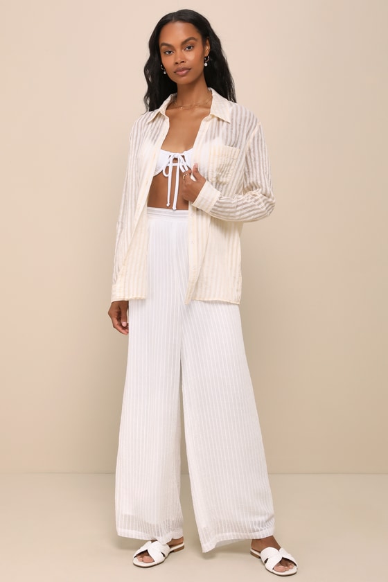 LULUS EVERYDAY CHOICE IVORY AND BEIGE STRIPED BURNOUT BUTTON-UP TOP