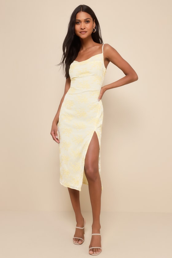 Lulus Lovely Existence Light Yellow Embroidered Cowl Neck Midi Dress