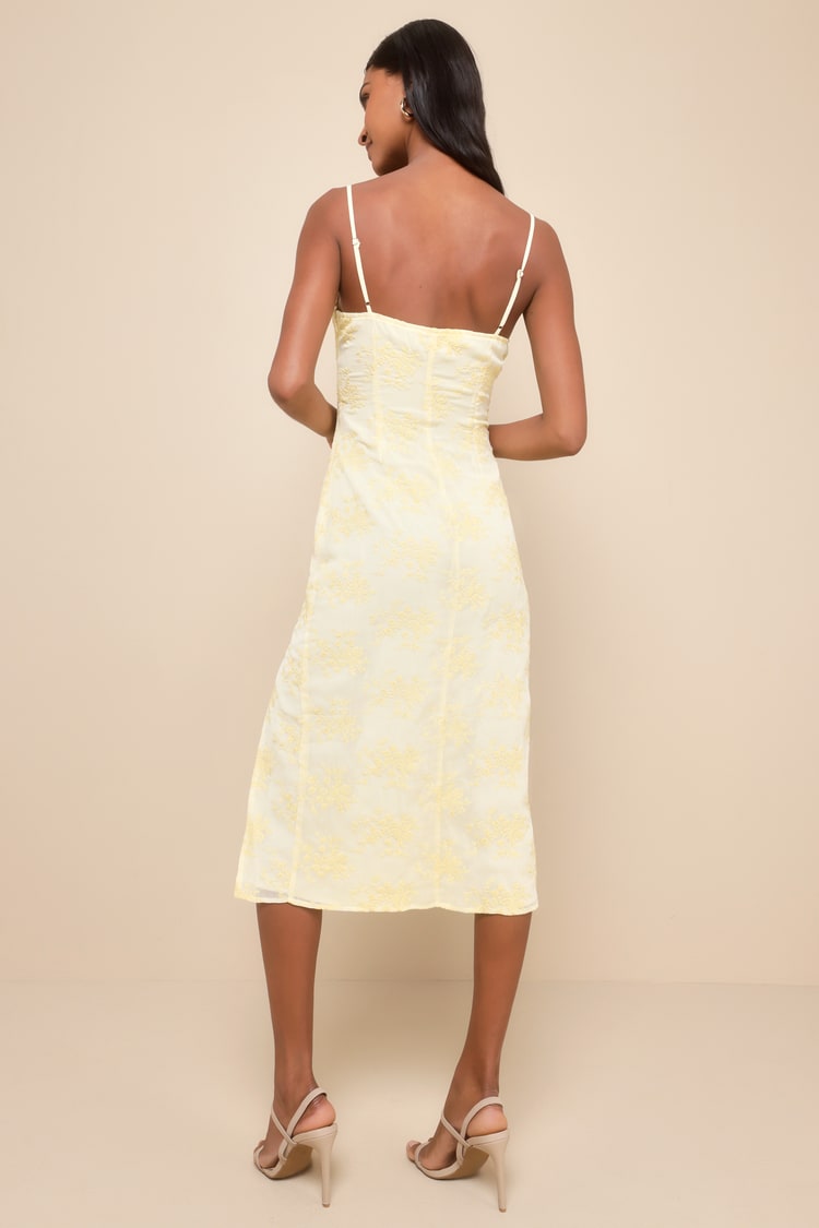 Lovely Existence Light Yellow Embroidered Cowl Neck Midi Dress