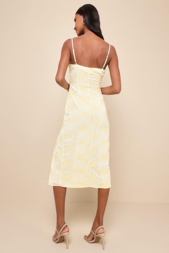 Lovely Existence Light Yellow Embroidered Cowl Neck Midi Dress 3