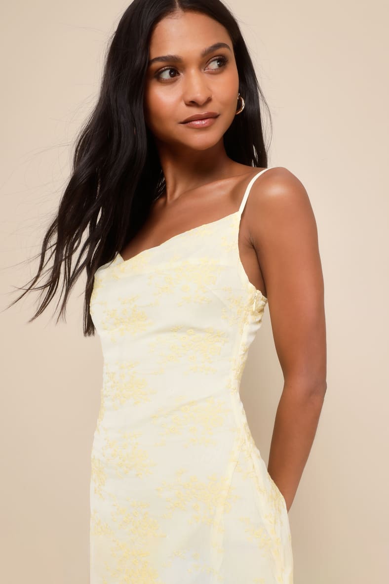 Lovely Existence Light Yellow Embroidered Cowl Neck Midi Dress