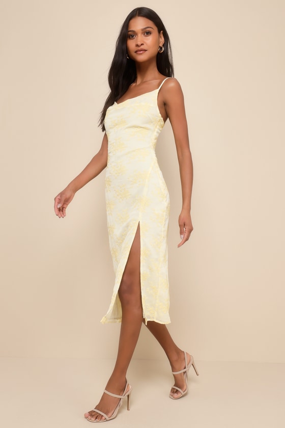 Lulus Lovely Existence Light Yellow Embroidered Cowl Neck Midi Dress In Light Yellow