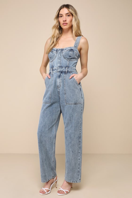 Lulus Fresh Perfection Light Wash Bustier Sleeveless Denim Jumpsuit In Blue