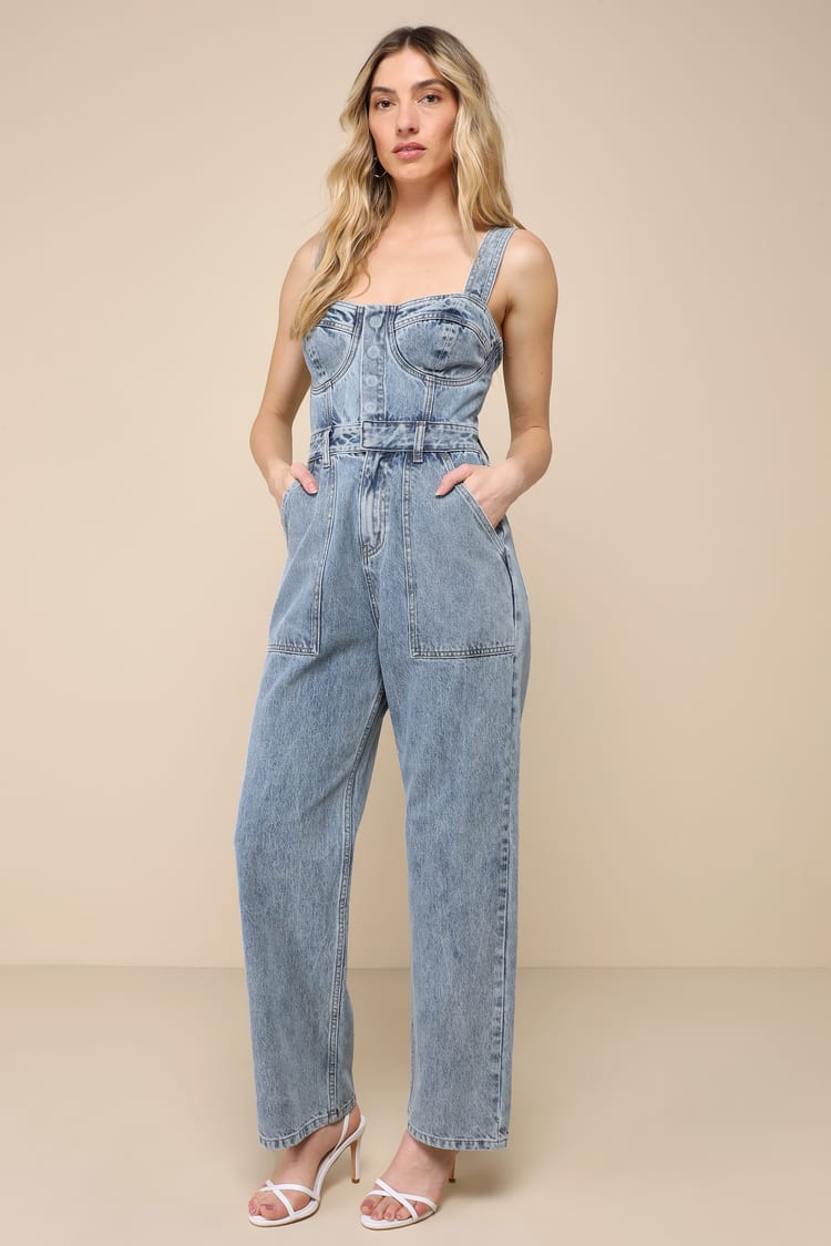 white christmas dresses Sleeveless Flare Denim Jumpsuit Blue / M main image 1
