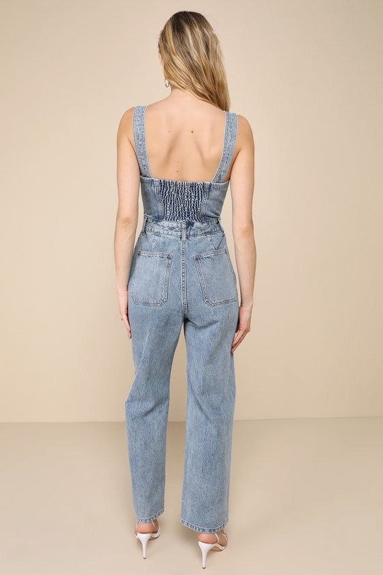 Shop Lulus Fresh Perfection Light Wash Bustier Sleeveless Denim Jumpsuit In Blue