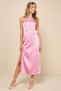 Lovely Favorite Pink and White Color Block Satin Midi Dress