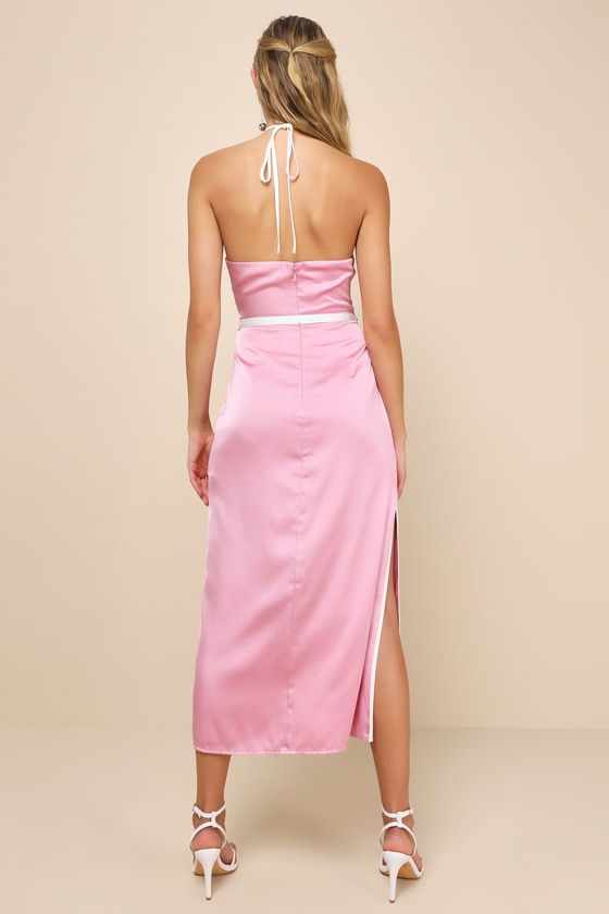 Shop Lulus Lovely Favorite Pink And White Color Block Satin Midi Dress