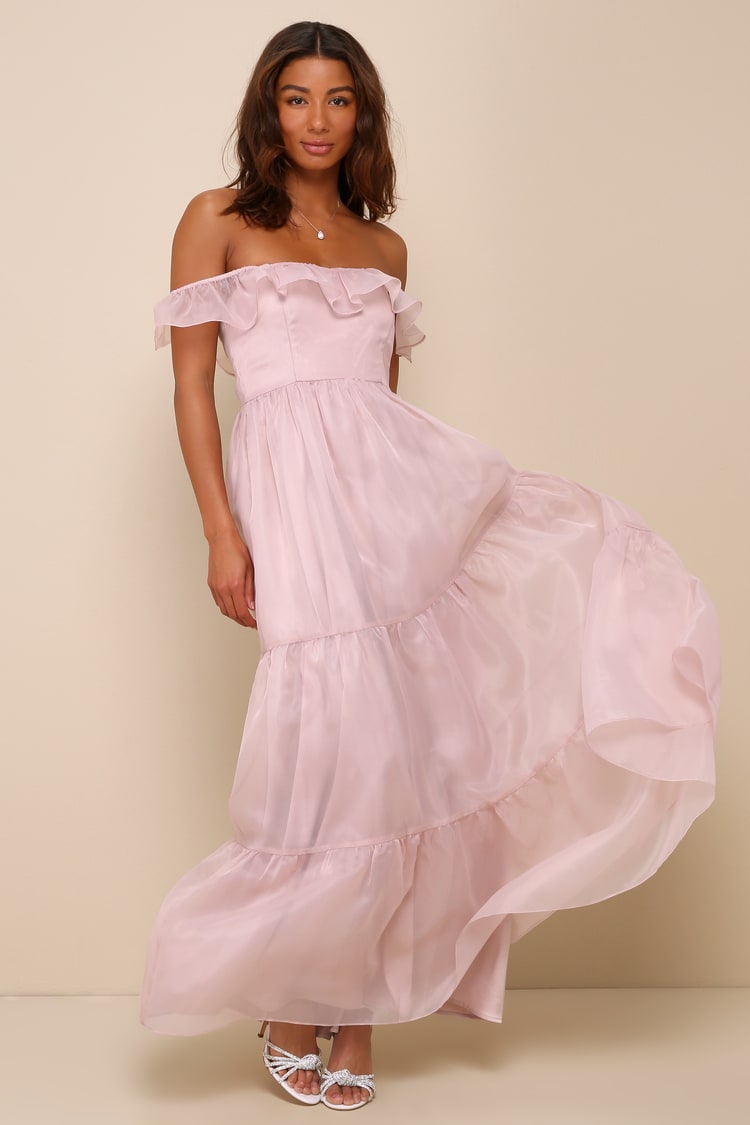 chinese dress ladies Prom Dresses Blush Pink A Line Off The Shoulder V-Neck Stretch Satin Prom Dress with Slit main image 1