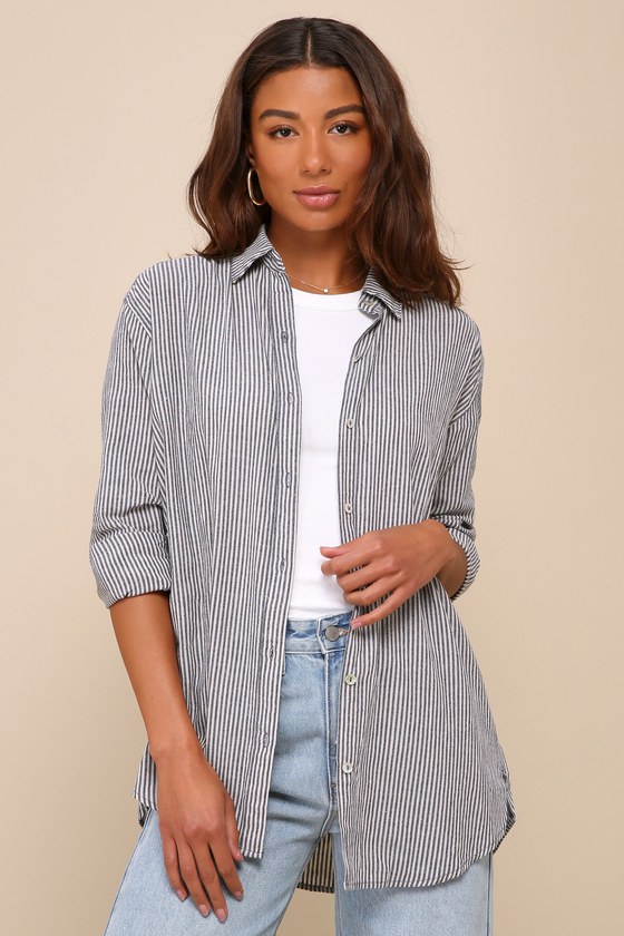 Venice Sweetie Navy Blue Striped Button Up Boyfriend Shirt