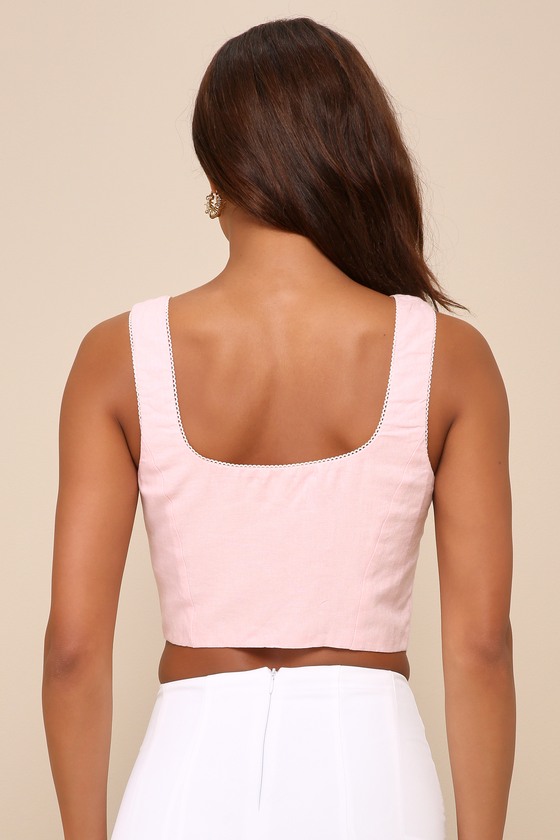 Shop Nia Nathalia Corset Light Pink Linen Lace Tie-front Crop Top