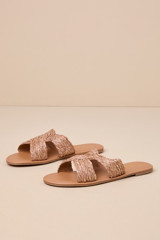 Lulus Mahana Brown Raffia Flat Slide Sandals
