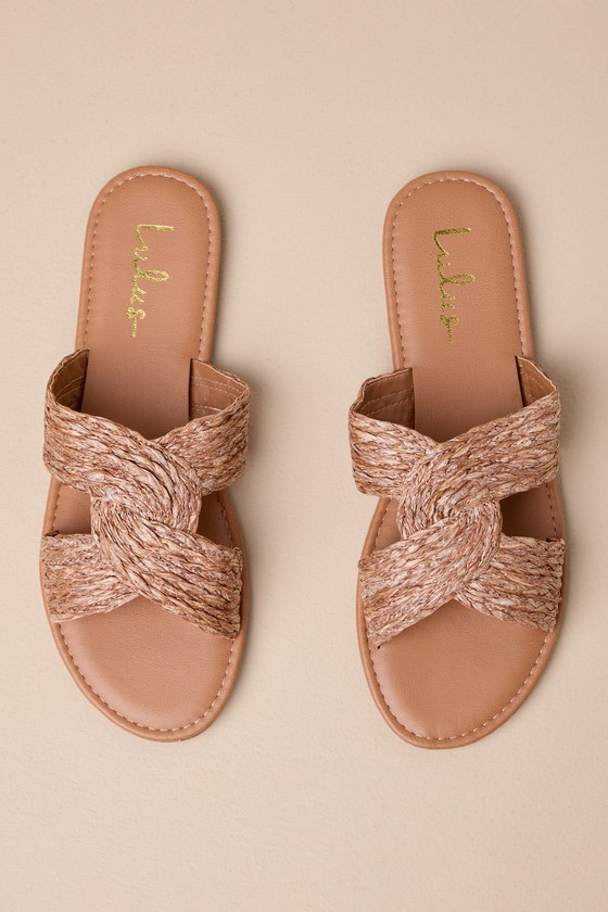 Shop Lulus Mahana Brown Raffia Flat Slide Sandals