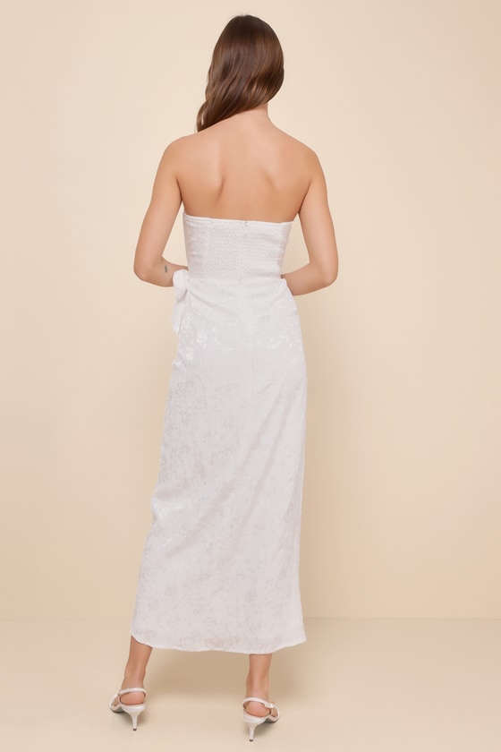 Lulus Adoring Praise Ivory Satin Jacquard Strapless Bustier Midi Dress In Ivory