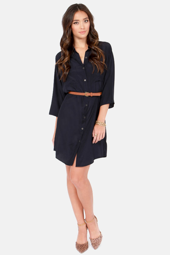 navy blue shirt dress with belt