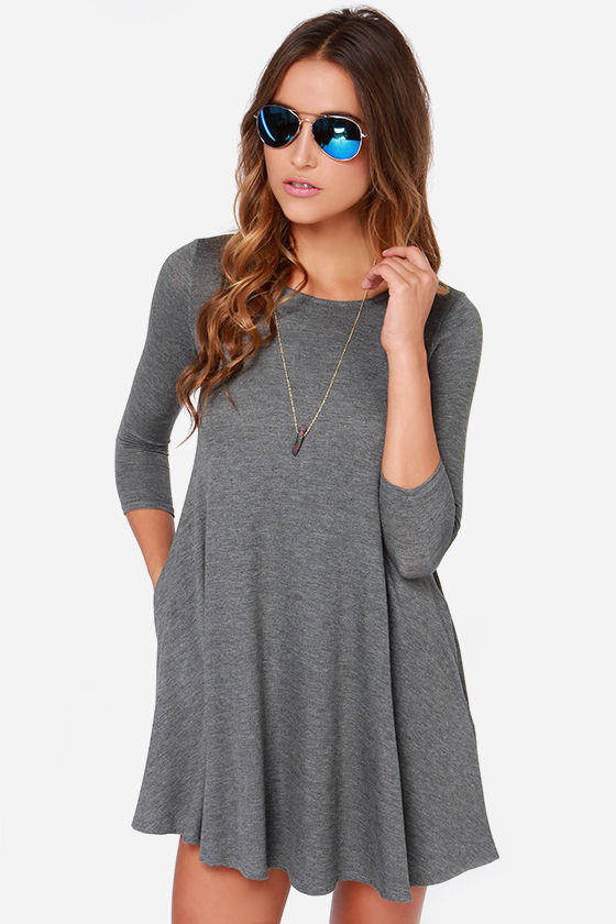 Chic Grey Dress Swing Dress Three Quarter Sleeve Dress 44.00 Lulus