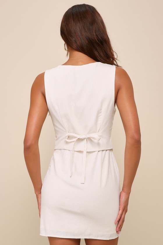 Shop Lush Completely Elevated Beige Linen Vest Mini Dress