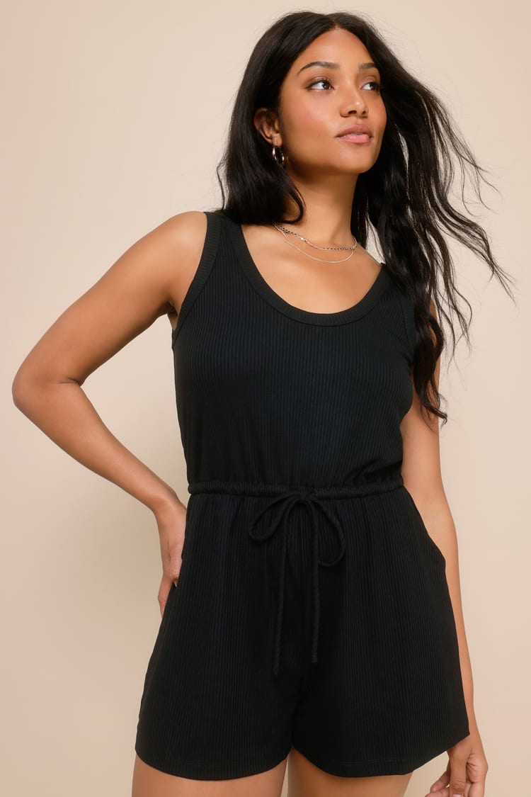 Laid-Back Luck Black Ribbed Knit Drawstring Lounge Romper