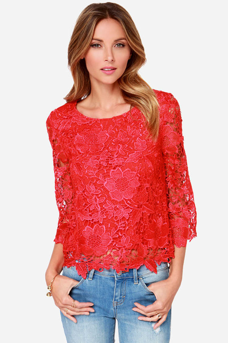 Alvorlig Fremragende Necklet Pretty Red Top - Long Sleeve Top - Lace Top - $32.00 - Lulus