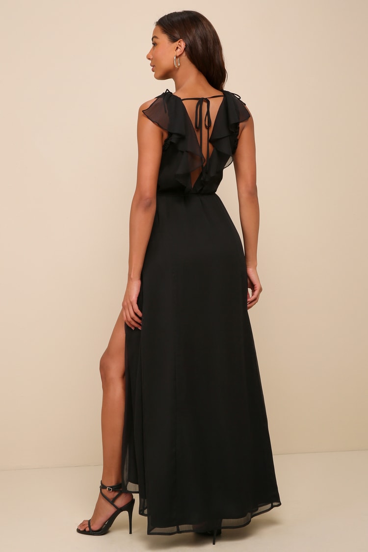 Adorable Elegance Black Chiffon Ruffled Backless Wrap Maxi Dress