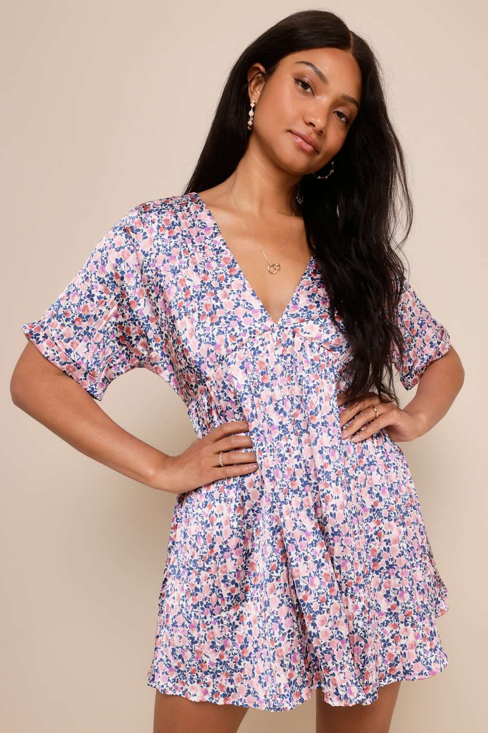 Express Yourself Blush Pink Floral Print Satin Babydoll Dress