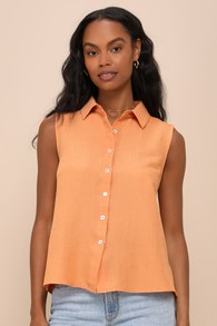 Exceptionally Perfect Orange Textured Sleeveless Button-Up Top