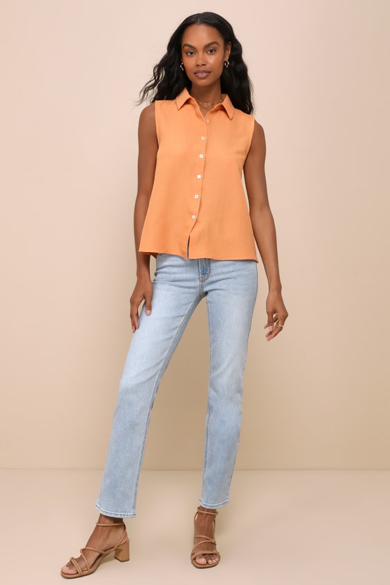 Lulus Exceptionally Perfect Orange Textured Sleeveless Button-up Top In Orange