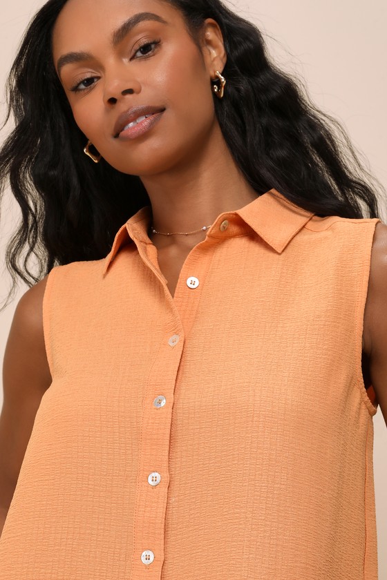 Lulus Exceptionally Perfect Orange Textured Sleeveless Button-up Top In Orange