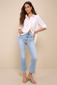 Shy Girl Light Wash High-Waisted Raw Hem Flare Cropped Jeans