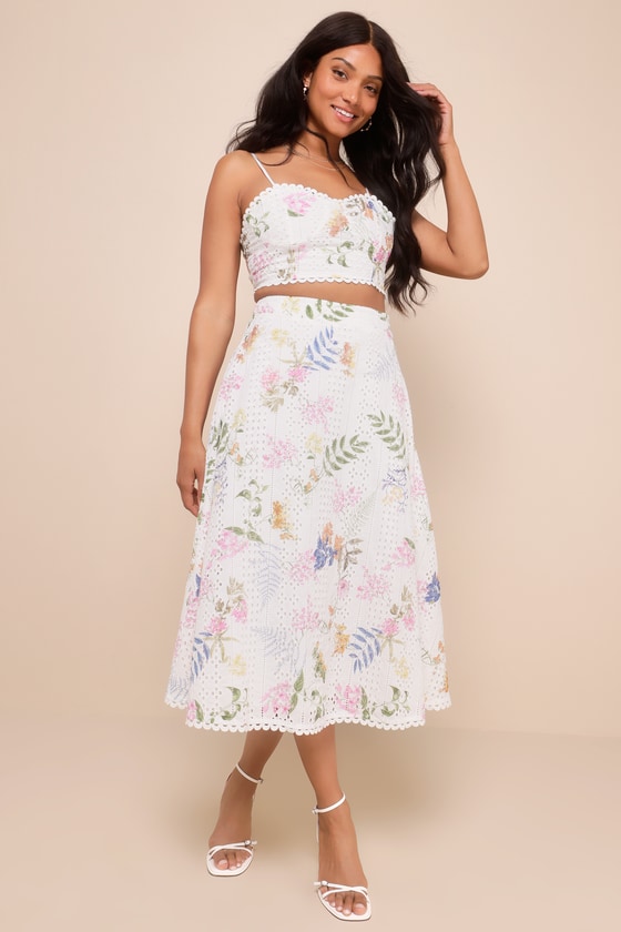 Sweet At Heart White Floral Embroidered Two-Piece Midi Dress