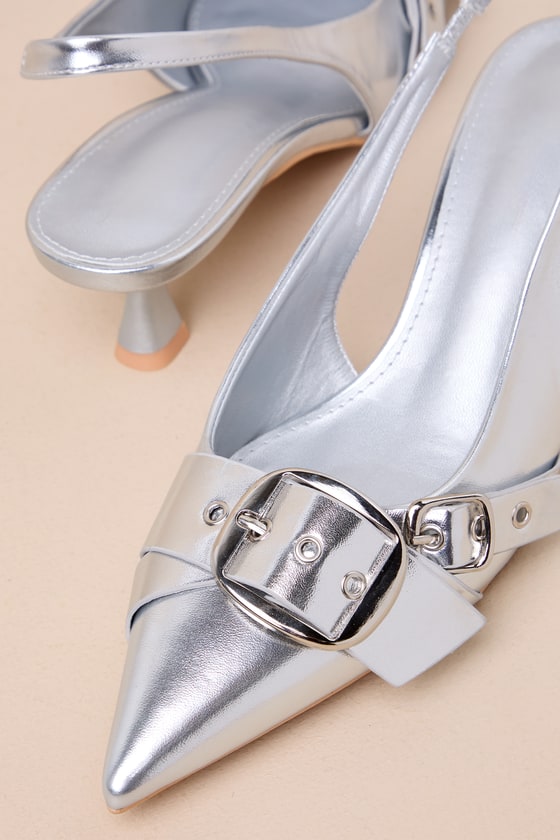 Shop Lulus Mailynn Silver Buckle Pointed-toe Slingback Pumps