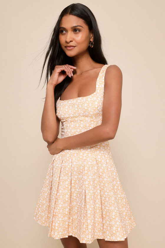 Sweetest Times Orange Floral Jacquard Lace-Up Mini Dress 1