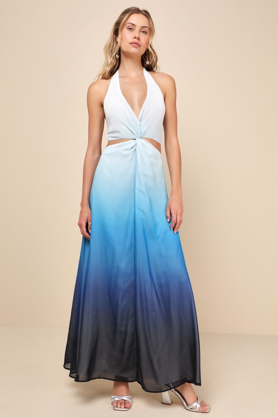 Shop Lulus Exceptional Choice Blue Ombre Twist-front Halter Maxi Dress