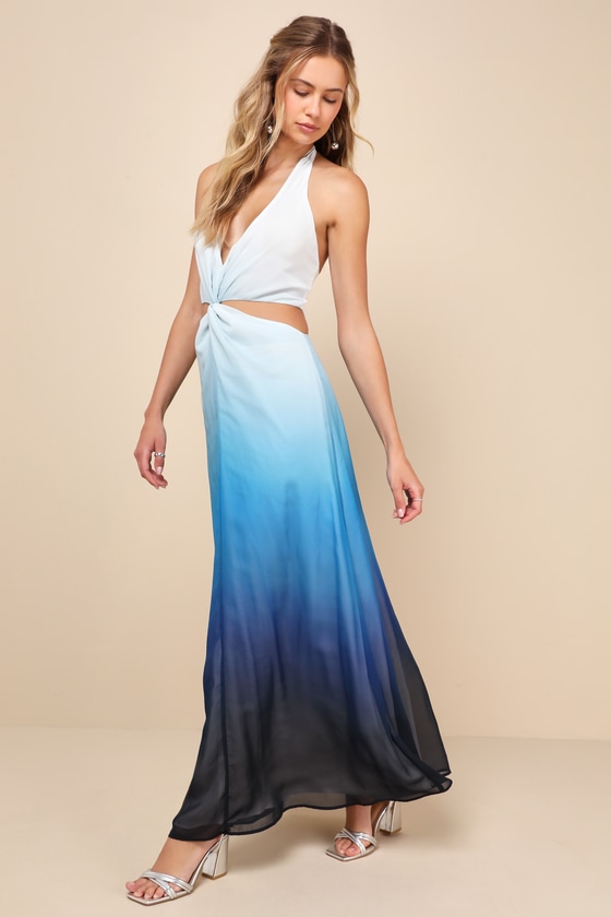 Shop Lulus Exceptional Choice Blue Ombre Twist-front Halter Maxi Dress