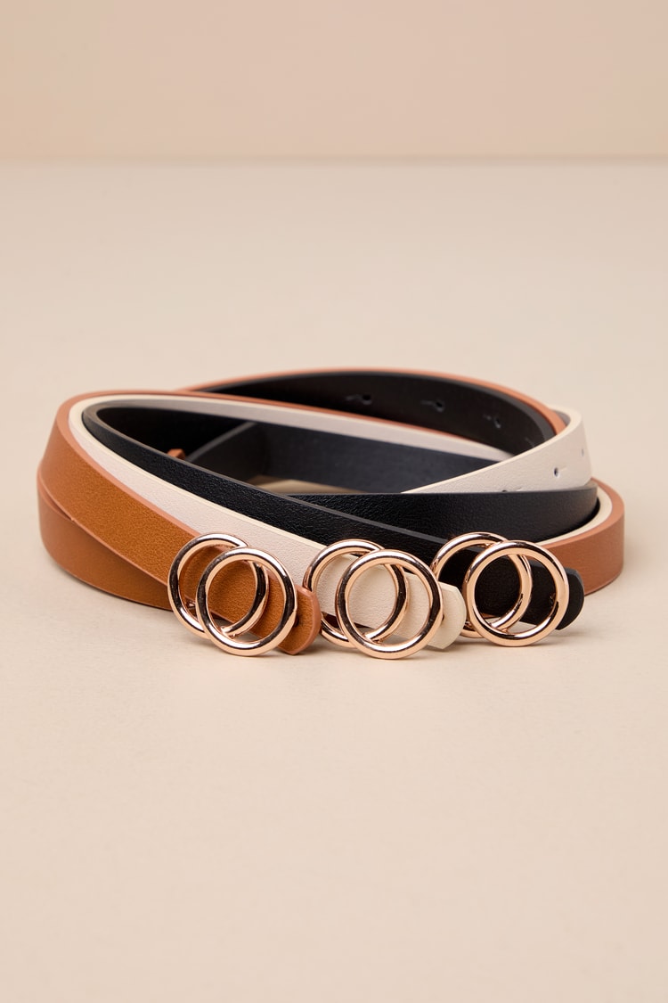 Black Ivory and Brown Belt Set - Skinny Belts - O-Buckle 