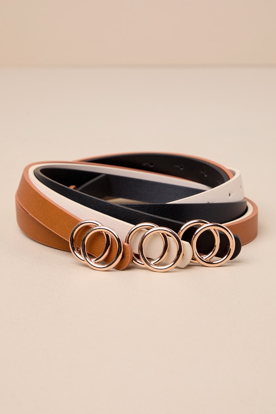 Cute Finish Black Ivory and Brown Skinny O-Buckle Belt Set 1