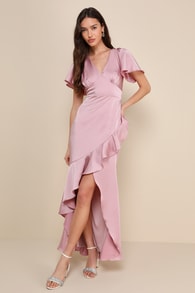 Eternal Bond Blush Satin Ruffled Flutter Sleeve Maxi Dress 7