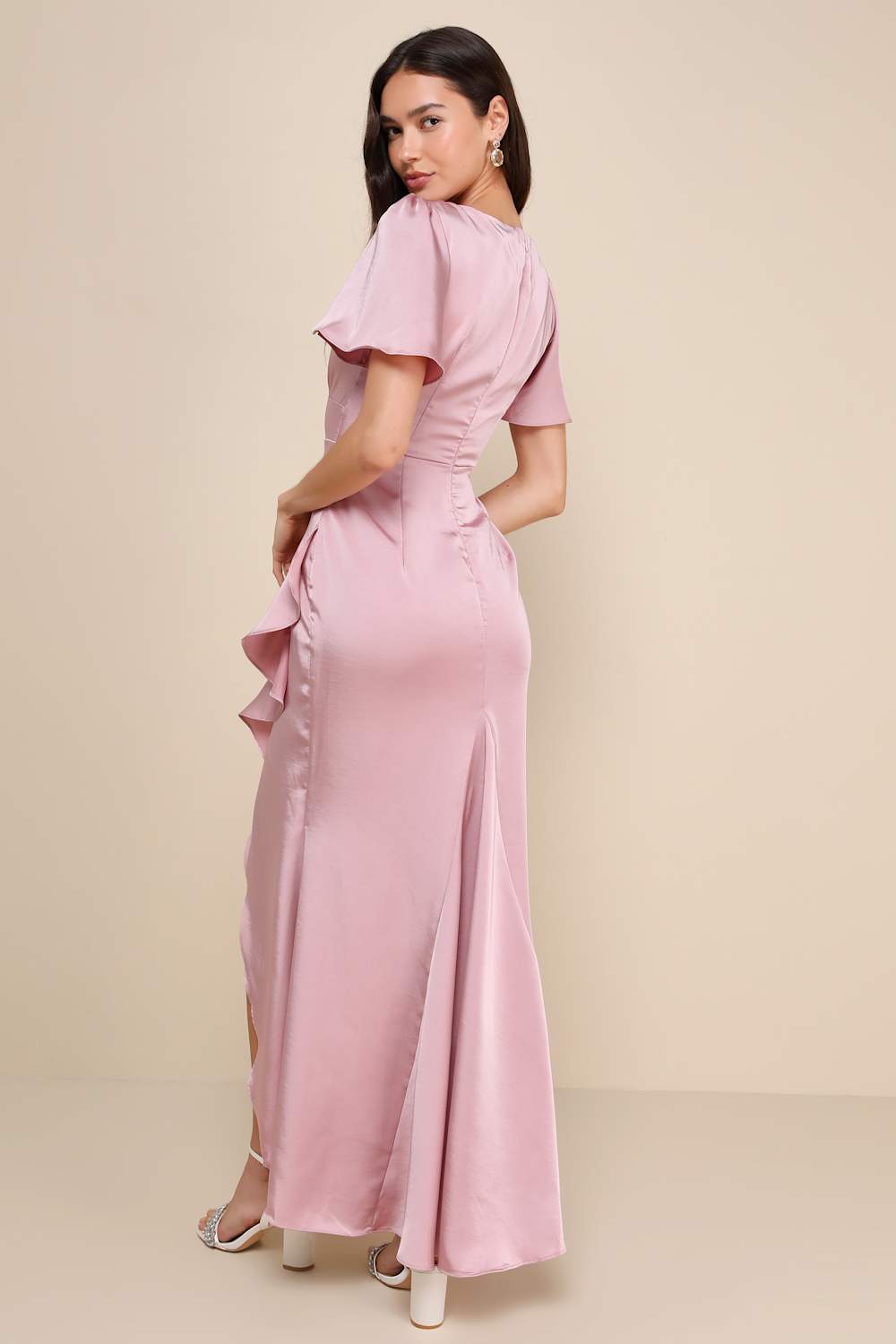 Eternal Bond Blush Satin Ruffled Flutter Sleeve Maxi Dress
