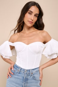 Fascinating Sweetie Ivory Ruffled Off-the-Shoulder Bodysuit