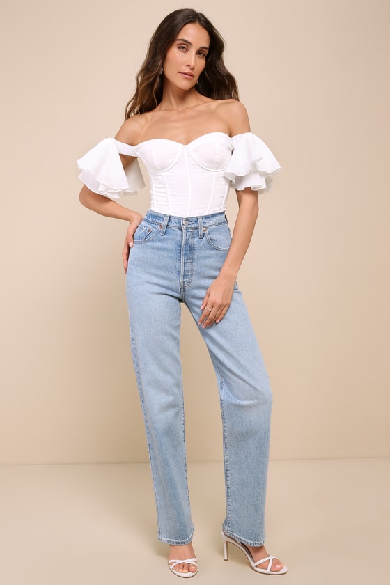 Shop Lulus Fascinating Sweetie Ivory Ruffled Off-the-shoulder Bodysuit