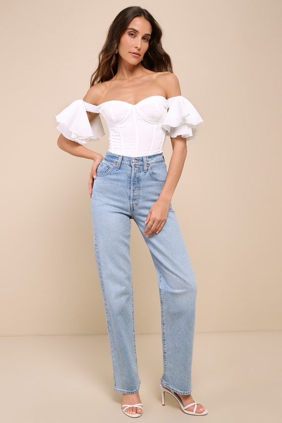 Fascinating Sweetie Ivory Ruffled Off-the-Shoulder Bodysuit 2