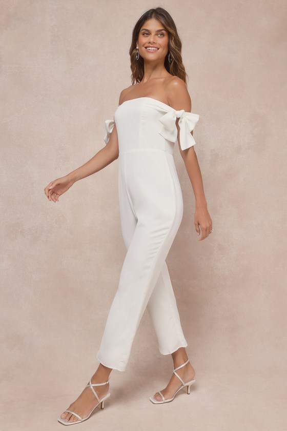 Shop Lulus Luxe Behavior White Off-the-shoulder Tie-strap Cropped Jumpsuit