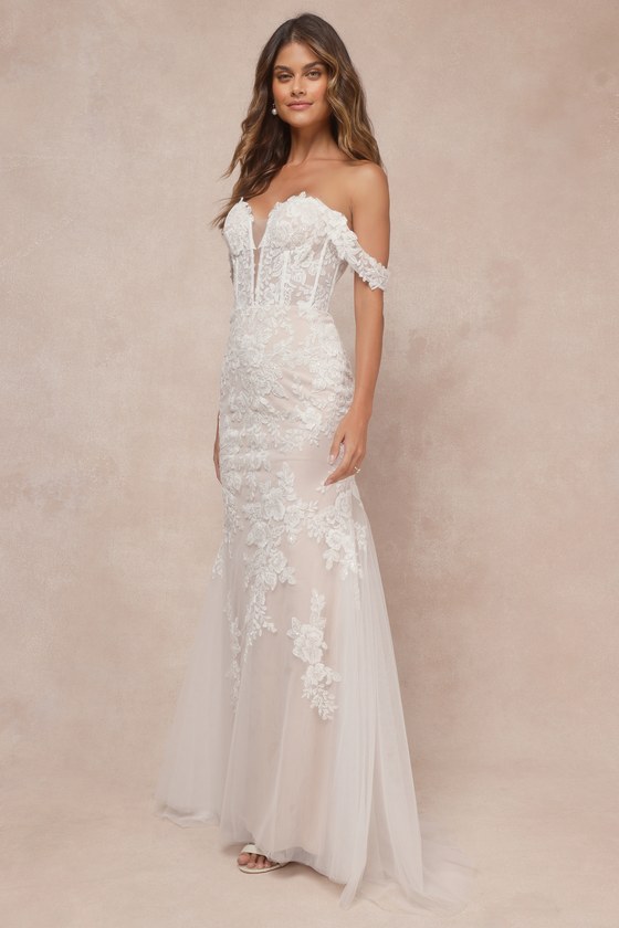 White Bustier Tulle Dress Embroidered Dress OTS Maxi Dress Lulus