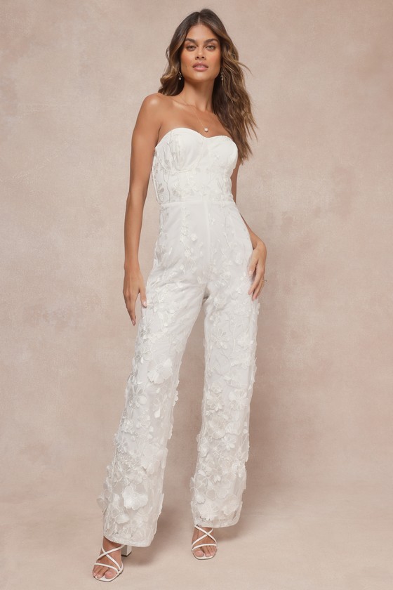Shop Lulus Eternal Glamour White 3d Floral Strapless Wide-leg Jumpsuit