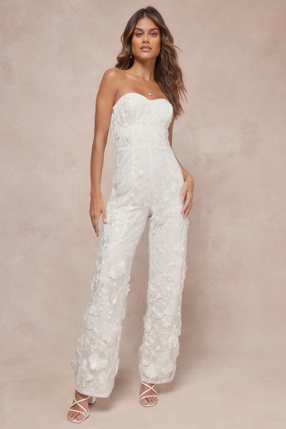 Lulus Eternal Glamour White 3d Floral Strapless Wide-leg Jumpsuit In White