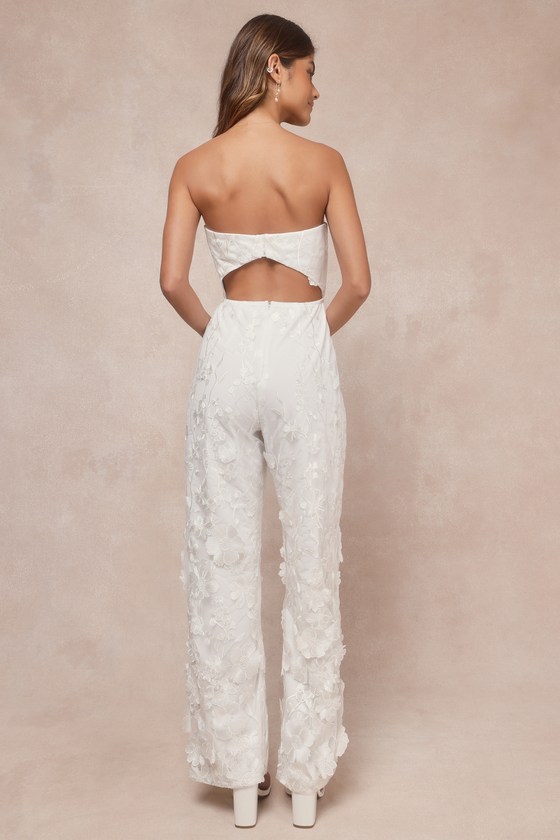 Shop Lulus Eternal Glamour White 3d Floral Strapless Wide-leg Jumpsuit