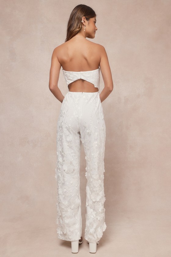 Lulus Eternal Glamour White 3d Floral Strapless Wide-leg Jumpsuit In White