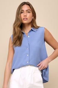 Exceptionally Perfect Blue Textured Sleeveless Button-Up Top