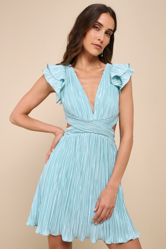 Lulus Captivating Delight Teal Blue Plisse Satin Lace-up Mini Dress